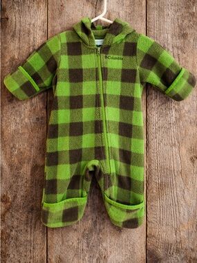 Columbia Green and Brown Plaid Fleece Hooded Baby Coverall Size 0-3 Months